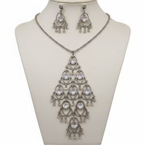 Vintage Celebrity Rhinestone Chandelier Necklace Set Statement Silver Tone
